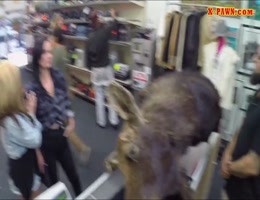 Blonde fucked in the pawnshop while making out with lesbian