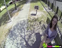 Cute amateur Scarlett Sawyer flashing her boobs and gives blowjob in the park