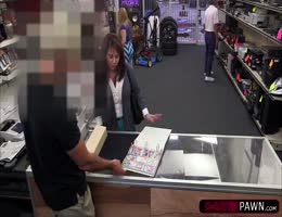 Busty and Milf walks in and tries to sell old cards gets fucked