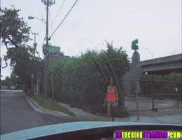 Brunette hitchhiker Mallory gets fucked by dude out in the rain