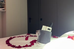 deux francaises lesbiennes dans une soirée romantique avec pétale de rose et champagne deux francaises lesbiennes dans une soirée romantique avec pétale de rose et champagne